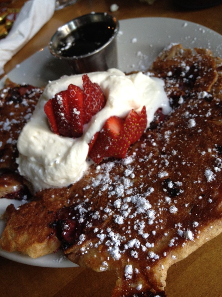 Strawberry Tarragon Goat Cheese Hotcakes at Overeasy Cafe in Asheville, NC